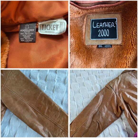 🔥Vintage Y2K Leather 2000 Brown Bomber Jacket Faux Fur Lined Grunge Biker Patina - Picture 15 of 16